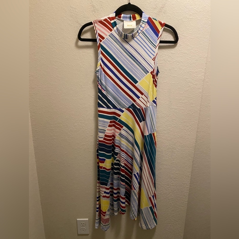 Anthropologie Maeve Striped Mock Neck Shark Bite Hem Sleeveless Dress Size XS